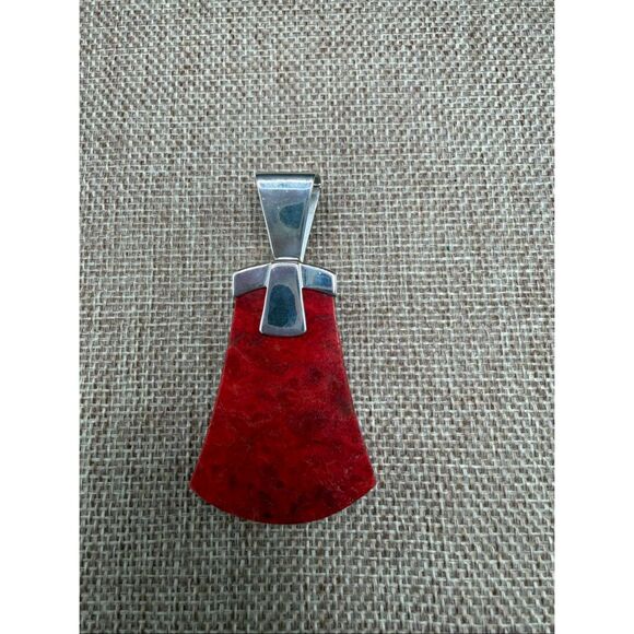 Bold Red Sponge Coral & Sterling Silver Pendant Artisan Modern Design - Picture 2 of 7
